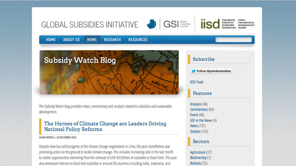 The International Institute for Sustainable Development’s Global Subsidies Initiative (GSI)